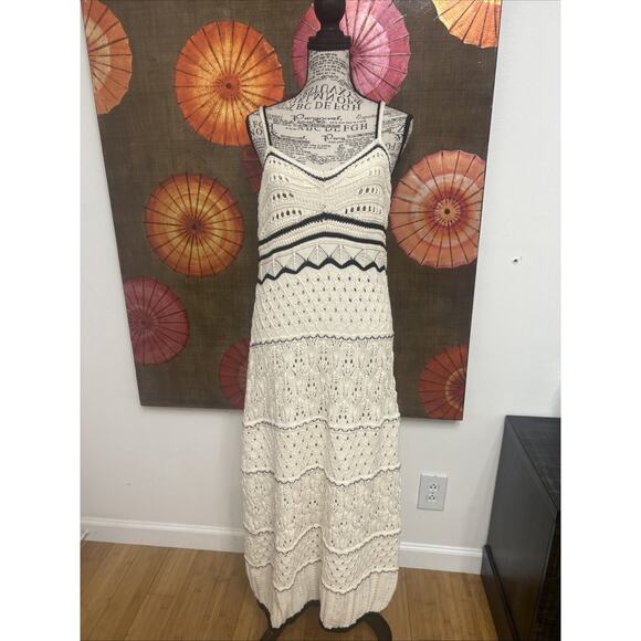 Boho Crochet Knit Maxi Dress – White with Black Trim Mediterranean Vibe Sz XL - Picture 2 of 8
